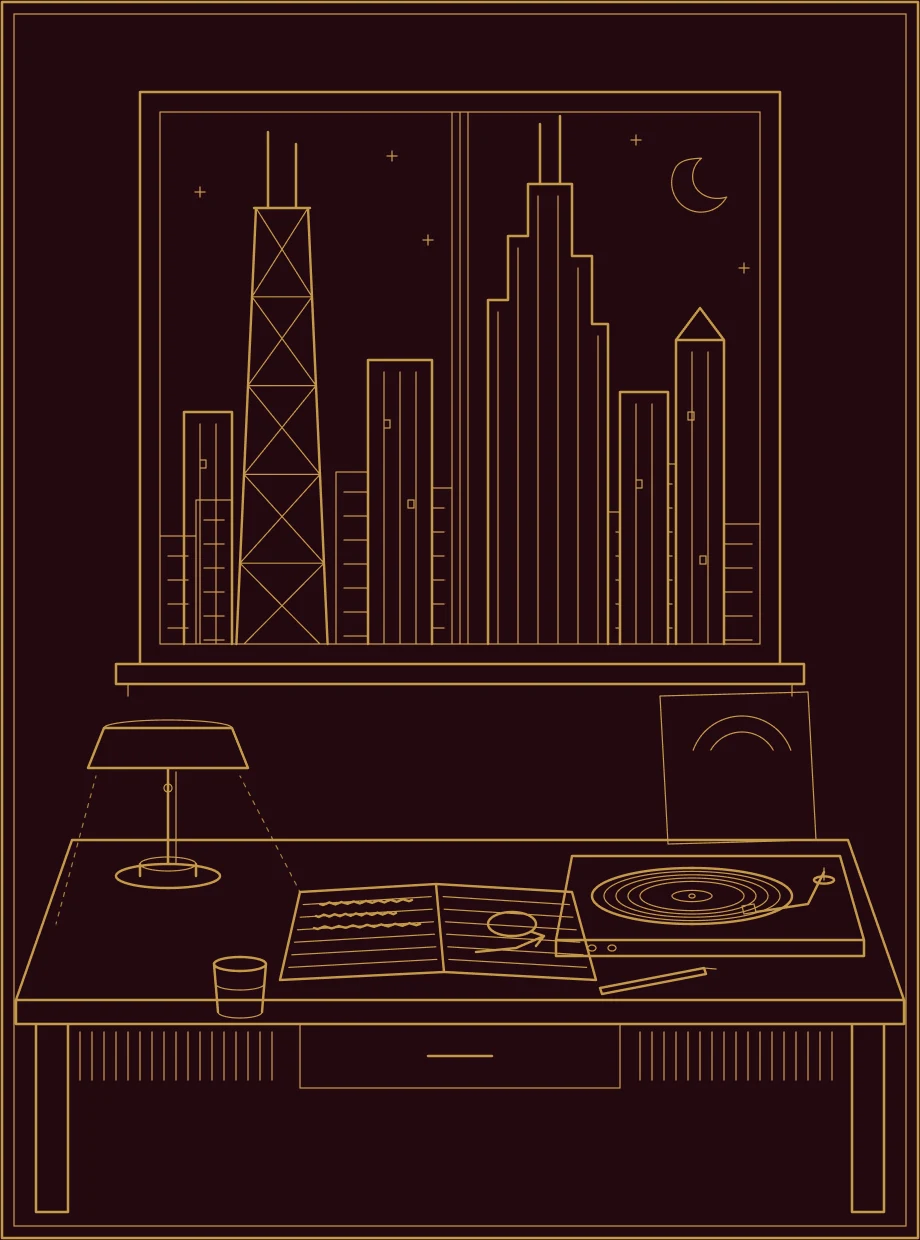 Engraved line drawing of a desk at night: lamp, open notebook, record player, and the Chicago skyline through the window